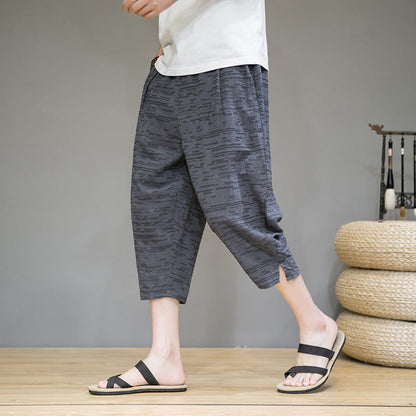 Buddha Stones Summer Minimalist Side Slit Solid Men's Harem Three-Quarter Pants With Pockets