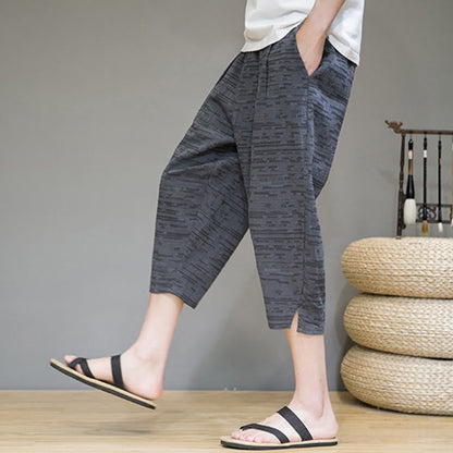 Buddha Stones Summer Minimalist Side Slit Solid Men's Harem Three-Quarter Pants With Pockets