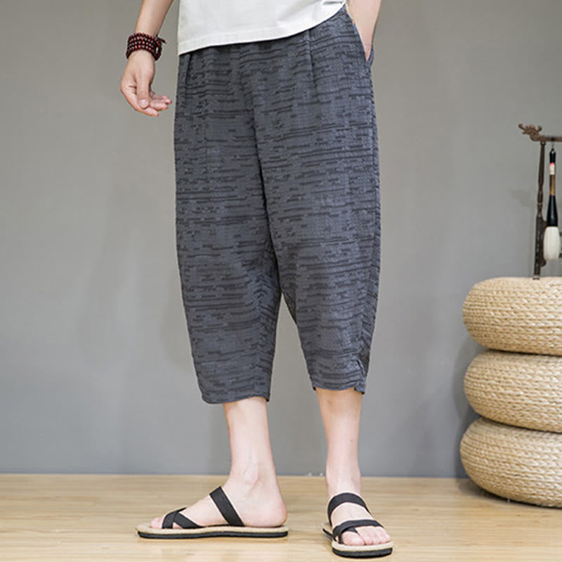 Buddha Stones Summer Minimalist Side Slit Solid Men's Harem Three-Quarter Pants With Pockets