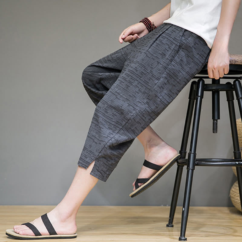 Buddha Stones Summer Minimalist Side Slit Solid Men's Harem Three-Quarter Pants With Pockets
