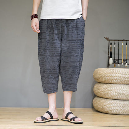 Buddha Stones Summer Minimalist Side Slit Solid Men's Harem Three-Quarter Pants With Pockets