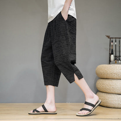 Buddha Stones Summer Minimalist Side Slit Solid Men's Harem Three-Quarter Pants With Pockets