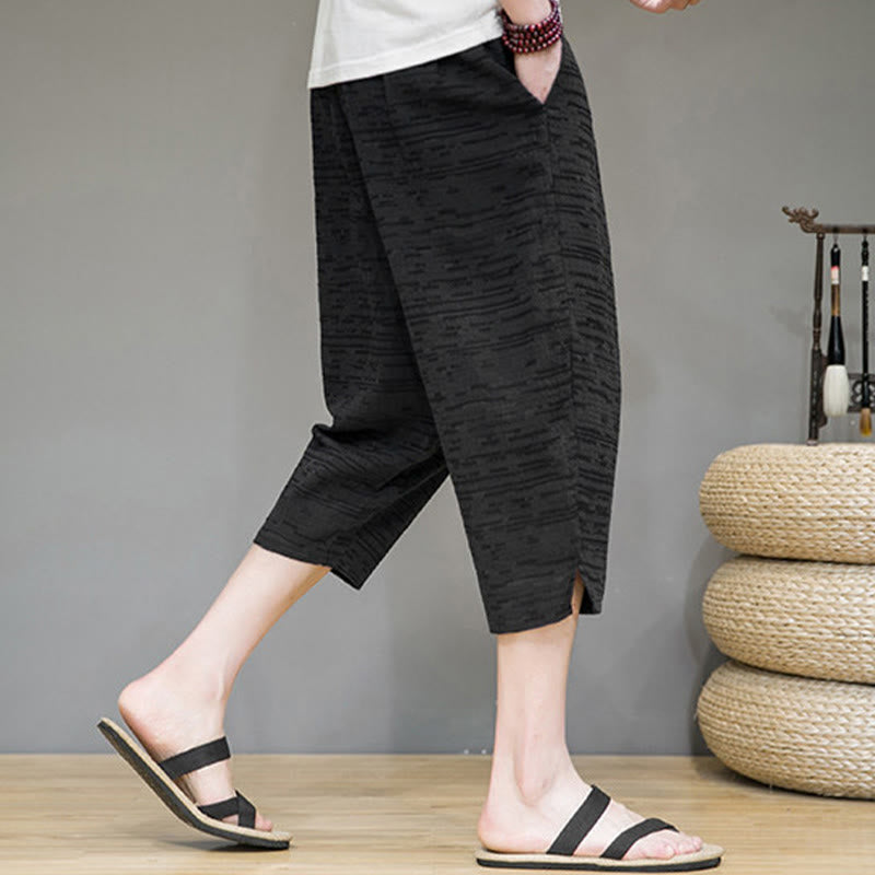 Buddha Stones Summer Minimalist Side Slit Solid Men's Harem Three-Quarter Pants With Pockets