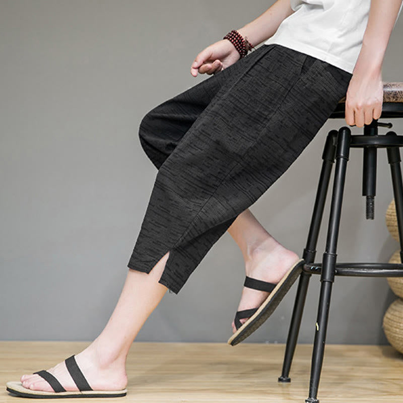 Buddha Stones Summer Minimalist Side Slit Solid Men's Harem Three-Quarter Pants With Pockets