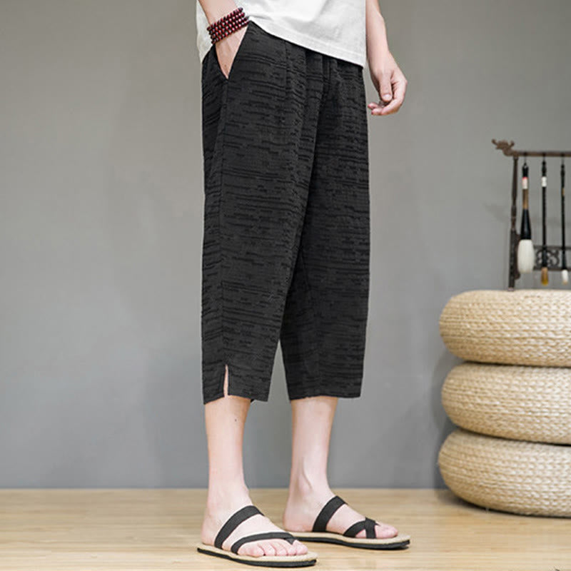 Buddha Stones Summer Minimalist Side Slit Solid Men's Harem Three-Quarter Pants With Pockets