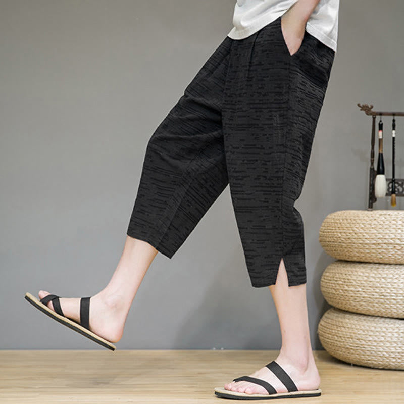 Buddha Stones Summer Minimalist Side Slit Solid Men's Harem Three-Quarter Pants With Pockets
