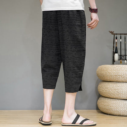 Buddha Stones Summer Minimalist Side Slit Solid Men's Harem Three-Quarter Pants With Pockets
