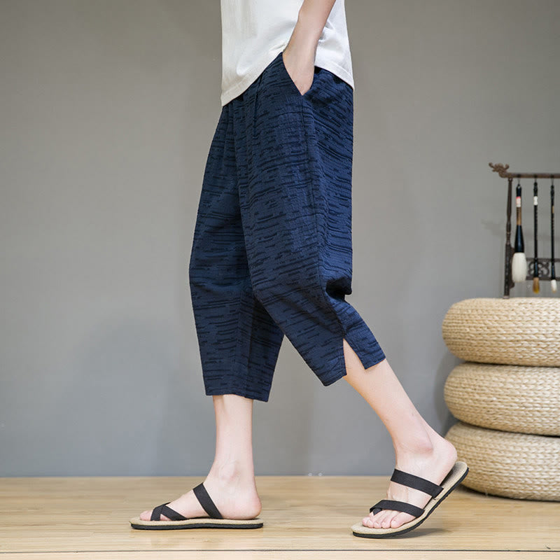Buddha Stones Summer Minimalist Side Slit Solid Men's Harem Three-Quarter Pants With Pockets