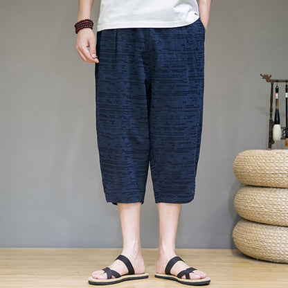 Buddha Stones Summer Minimalist Side Slit Solid Men's Harem Three-Quarter Pants With Pockets