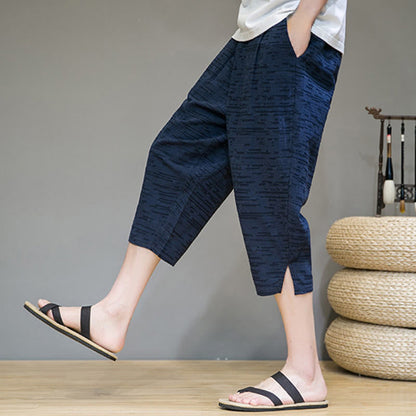 Buddha Stones Summer Minimalist Side Slit Solid Men's Harem Three-Quarter Pants With Pockets