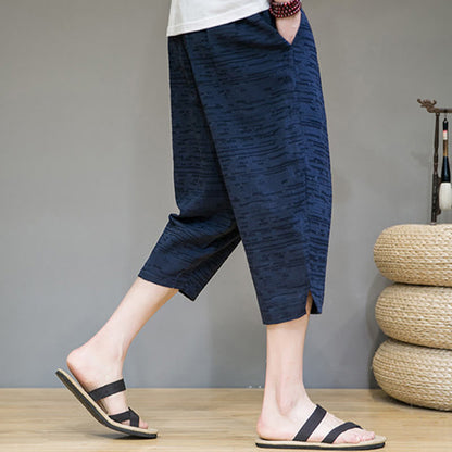 Buddha Stones Summer Minimalist Side Slit Solid Men's Harem Three-Quarter Pants With Pockets