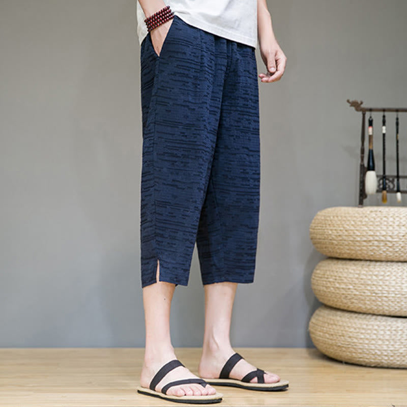 Buddha Stones Summer Minimalist Side Slit Solid Men's Harem Three-Quarter Pants With Pockets