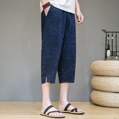 Buddha Stones Summer Minimalist Side Slit Solid Men's Harem Three-Quarter Pants With Pockets