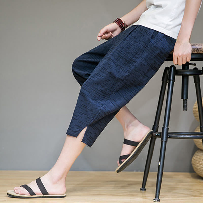 Buddha Stones Summer Minimalist Side Slit Solid Men's Harem Three-Quarter Pants With Pockets
