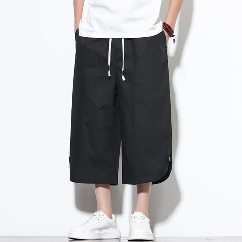 Buddha Stones Summer Casual Drawstring Side Slit Solid Cotton Men's Harem Pants With Pockets