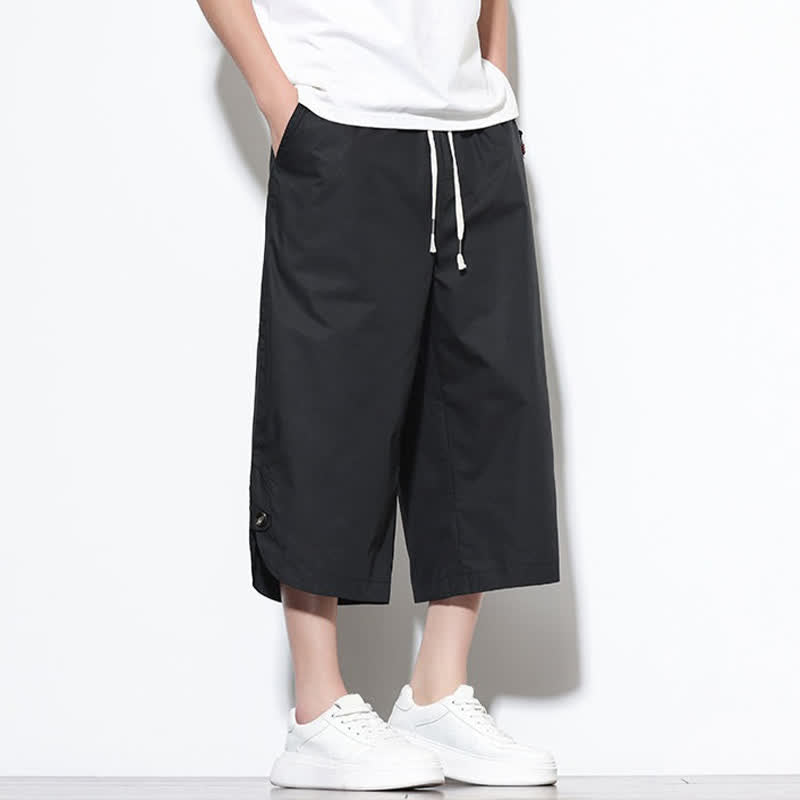 Buddha Stones Summer Casual Drawstring Side Slit Solid Cotton Men's Harem Pants With Pockets