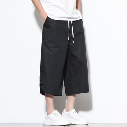 Buddha Stones Summer Casual Drawstring Side Slit Solid Cotton Men's Harem Pants With Pockets