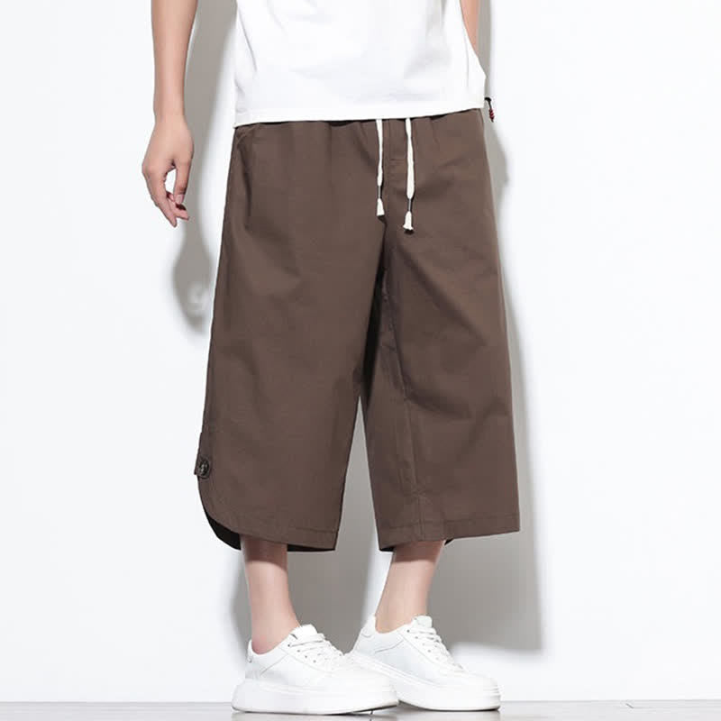Buddha Stones Summer Casual Drawstring Side Slit Solid Cotton Men's Harem Pants With Pockets