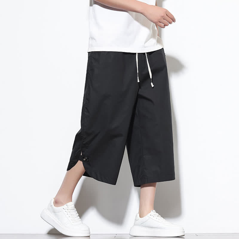 Buddha Stones Summer Casual Drawstring Side Slit Solid Cotton Men's Harem Pants With Pockets
