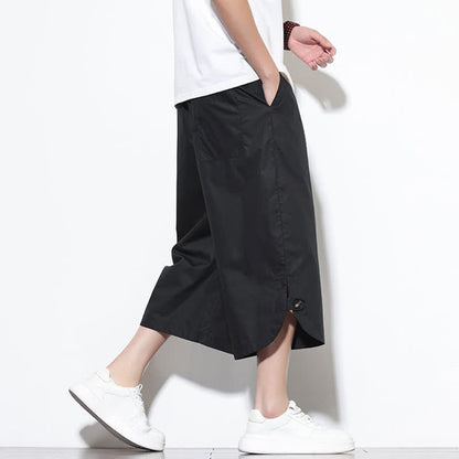 Buddha Stones Summer Casual Drawstring Side Slit Solid Cotton Men's Harem Pants With Pockets