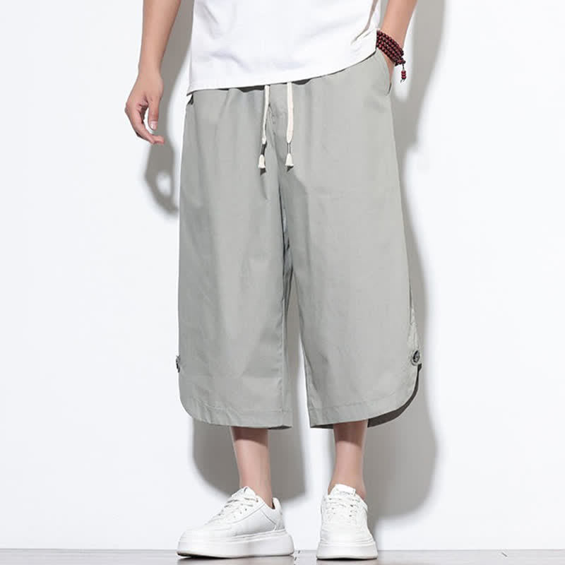 Buddha Stones Summer Casual Drawstring Side Slit Solid Cotton Men's Harem Pants With Pockets