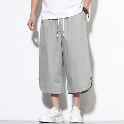 Buddha Stones Summer Casual Drawstring Side Slit Solid Cotton Men's Harem Pants With Pockets