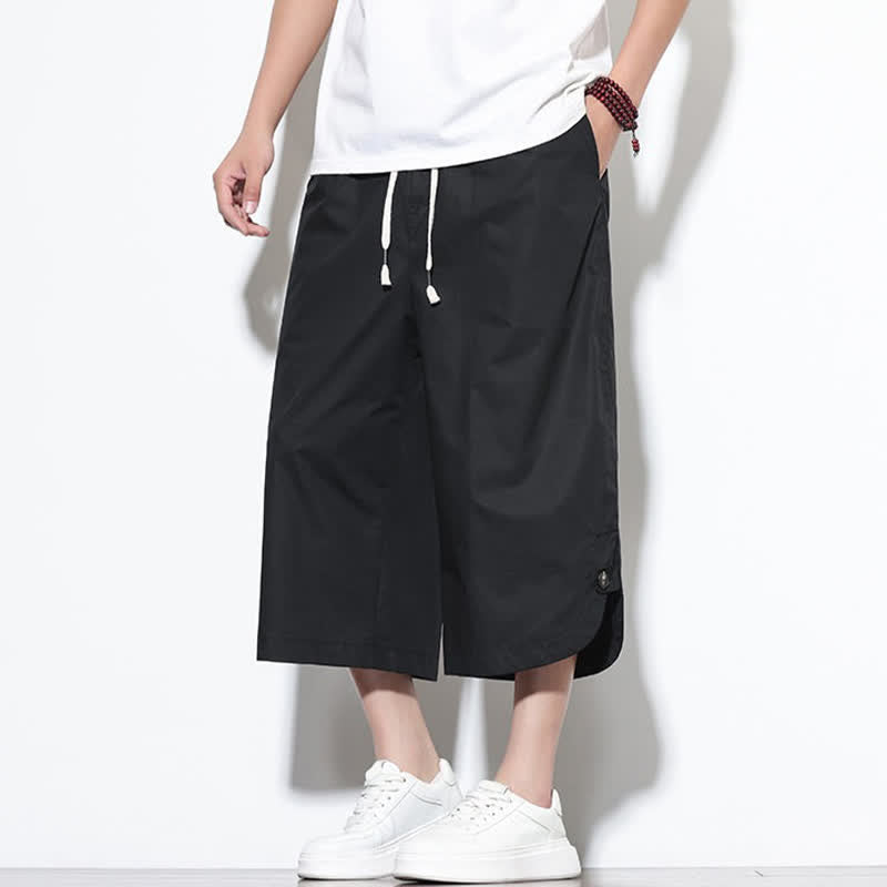 Buddha Stones Summer Casual Drawstring Side Slit Solid Cotton Men's Harem Pants With Pockets