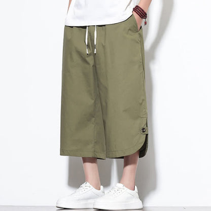 Buddha Stones Summer Casual Drawstring Side Slit Solid Cotton Men's Harem Pants With Pockets