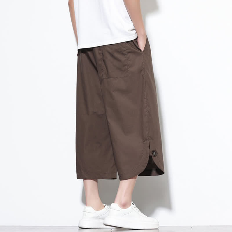 Buddha Stones Summer Casual Drawstring Side Slit Solid Cotton Men's Harem Pants With Pockets