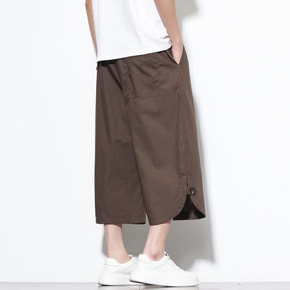 Buddha Stones Summer Casual Drawstring Side Slit Solid Cotton Men's Harem Pants With Pockets