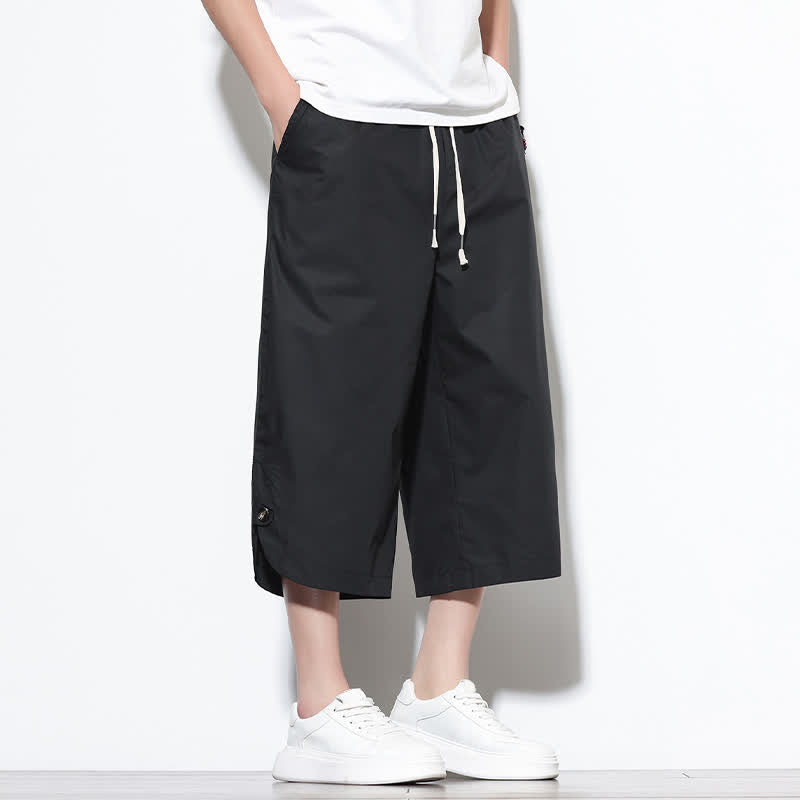 Buddha Stones Summer Casual Drawstring Side Slit Solid Cotton Men's Harem Pants With Pockets