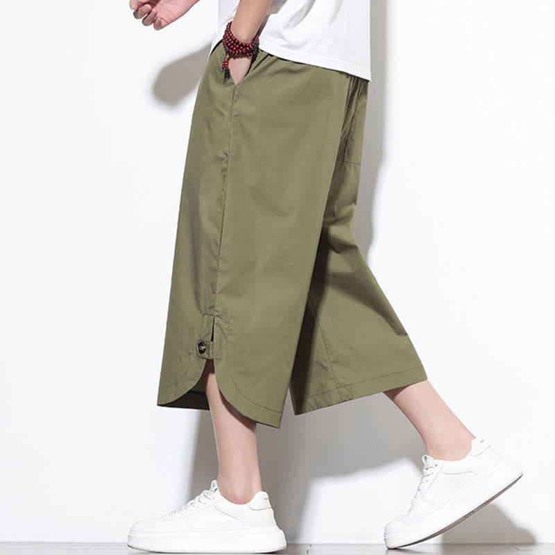 Buddha Stones Summer Casual Drawstring Side Slit Solid Cotton Men's Harem Pants With Pockets