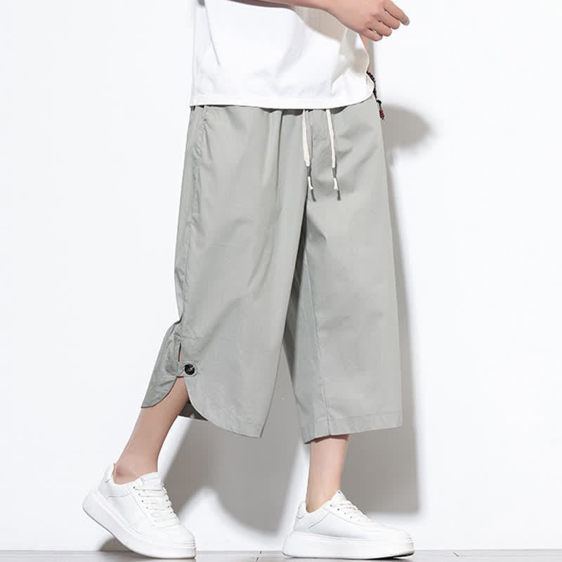 Buddha Stones Summer Casual Drawstring Side Slit Solid Cotton Men's Harem Pants With Pockets
