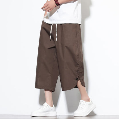 Buddha Stones Summer Casual Drawstring Side Slit Solid Cotton Men's Harem Pants With Pockets