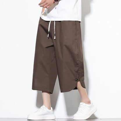 Buddha Stones Summer Casual Drawstring Side Slit Solid Cotton Men's Harem Pants With Pockets