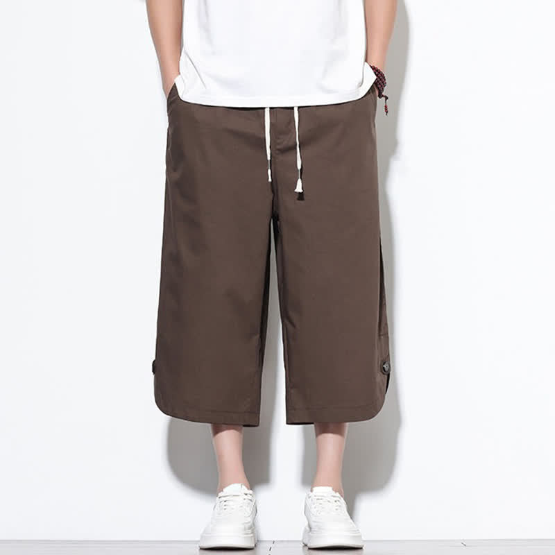 Buddha Stones Summer Casual Drawstring Side Slit Solid Cotton Men's Harem Pants With Pockets