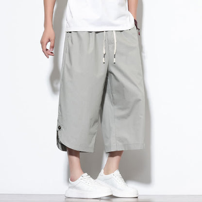 Buddha Stones Summer Casual Drawstring Side Slit Solid Cotton Men's Harem Pants With Pockets