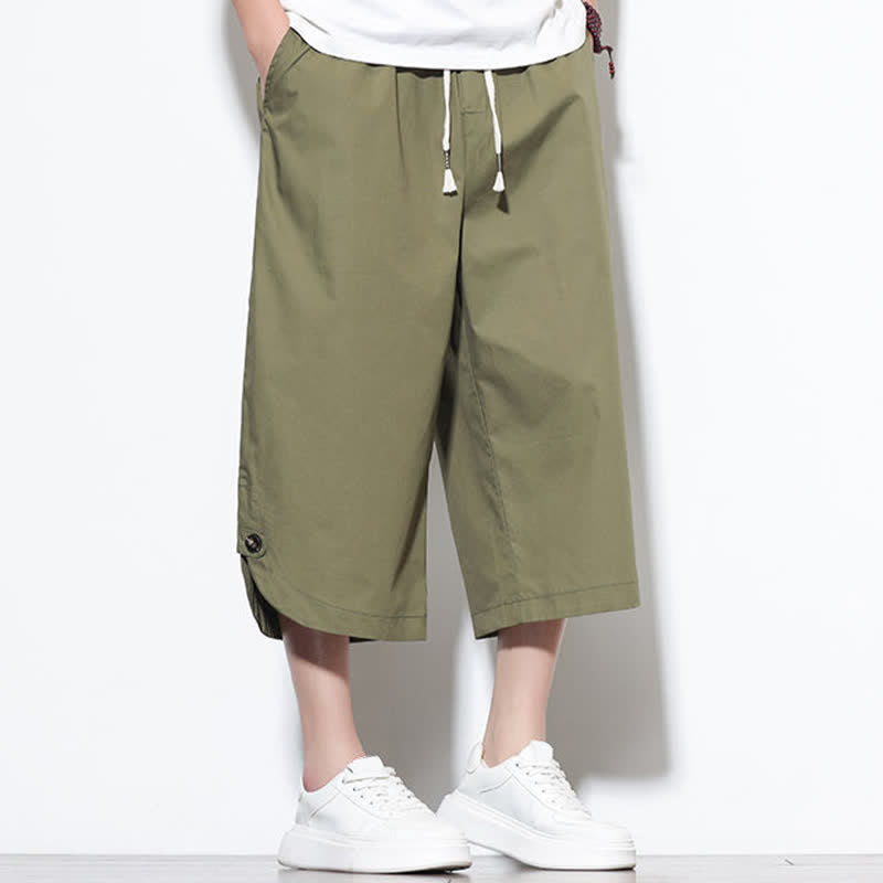 Buddha Stones Summer Casual Drawstring Side Slit Solid Cotton Men's Harem Pants With Pockets