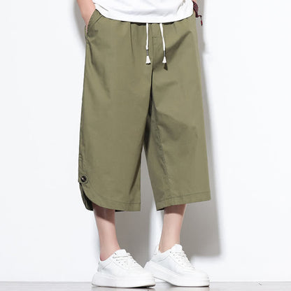 Buddha Stones Summer Casual Drawstring Side Slit Solid Cotton Men's Harem Pants With Pockets
