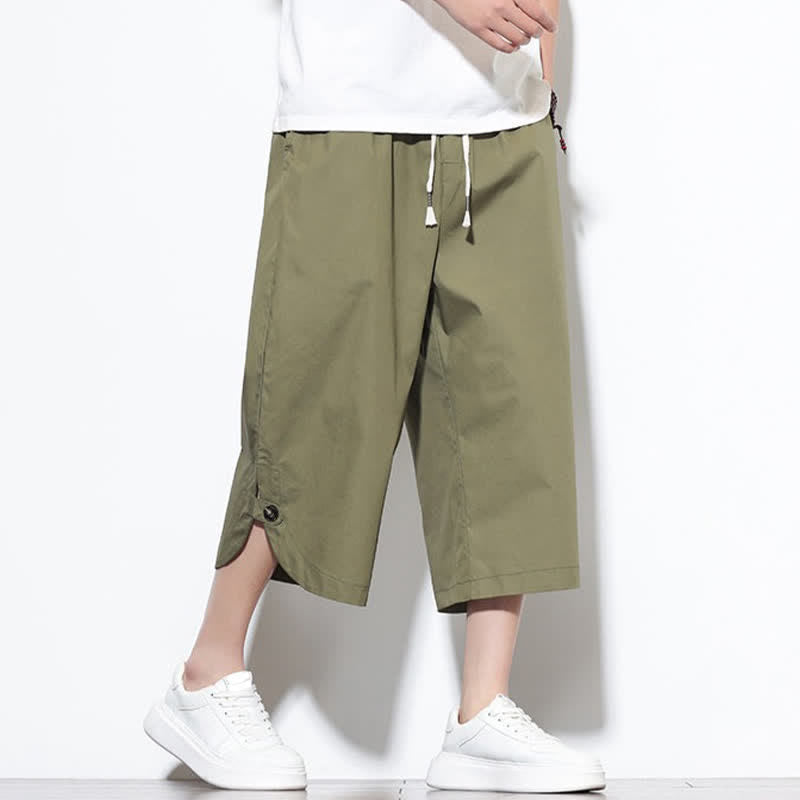 Buddha Stones Summer Casual Drawstring Side Slit Solid Cotton Men's Harem Pants With Pockets