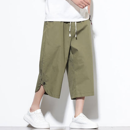 Buddha Stones Summer Casual Drawstring Side Slit Solid Cotton Men's Harem Pants With Pockets