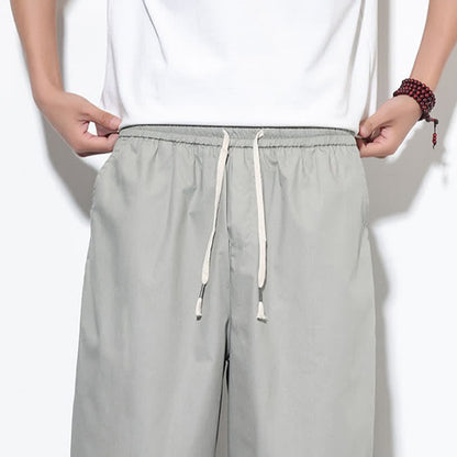 Buddha Stones Summer Casual Drawstring Side Slit Solid Cotton Men's Harem Pants With Pockets