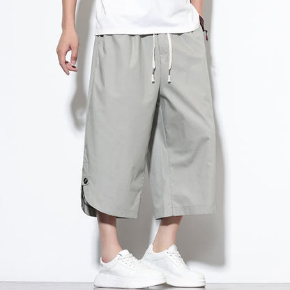 Buddha Stones Summer Casual Drawstring Side Slit Solid Cotton Men's Harem Pants With Pockets