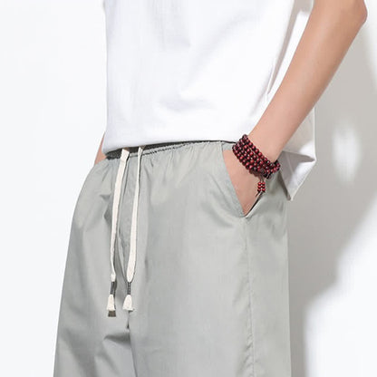Buddha Stones Summer Casual Drawstring Side Slit Solid Cotton Men's Harem Pants With Pockets