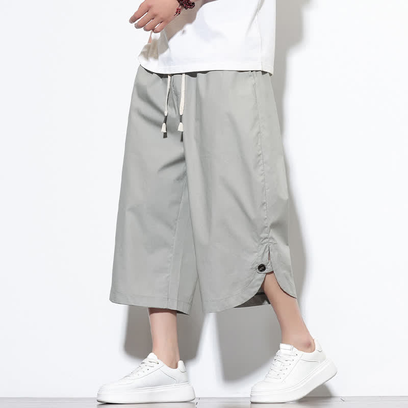 Buddha Stones Summer Casual Drawstring Side Slit Solid Cotton Men's Harem Pants With Pockets