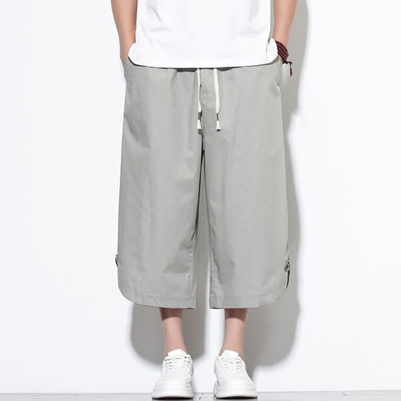 Buddha Stones Summer Casual Drawstring Side Slit Solid Cotton Men's Harem Pants With Pockets