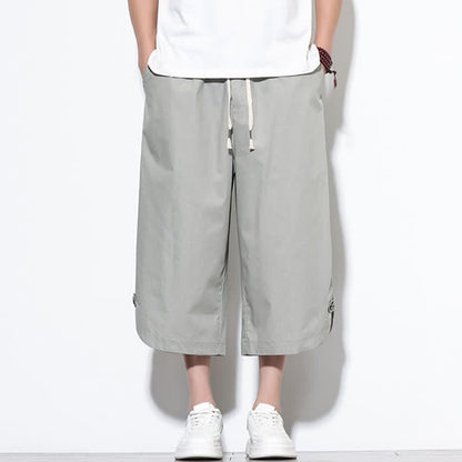 Buddha Stones Summer Casual Drawstring Side Slit Solid Cotton Men's Harem Pants With Pockets