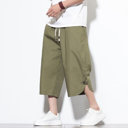 Buddha Stones Summer Casual Drawstring Side Slit Solid Cotton Men's Harem Pants With Pockets