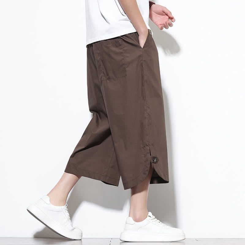 Buddha Stones Summer Casual Drawstring Side Slit Solid Cotton Men's Harem Pants With Pockets