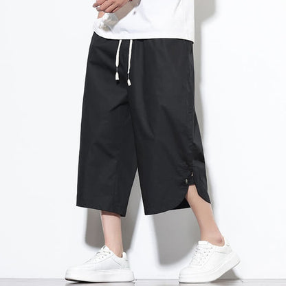 Buddha Stones Summer Casual Drawstring Side Slit Solid Cotton Men's Harem Pants With Pockets